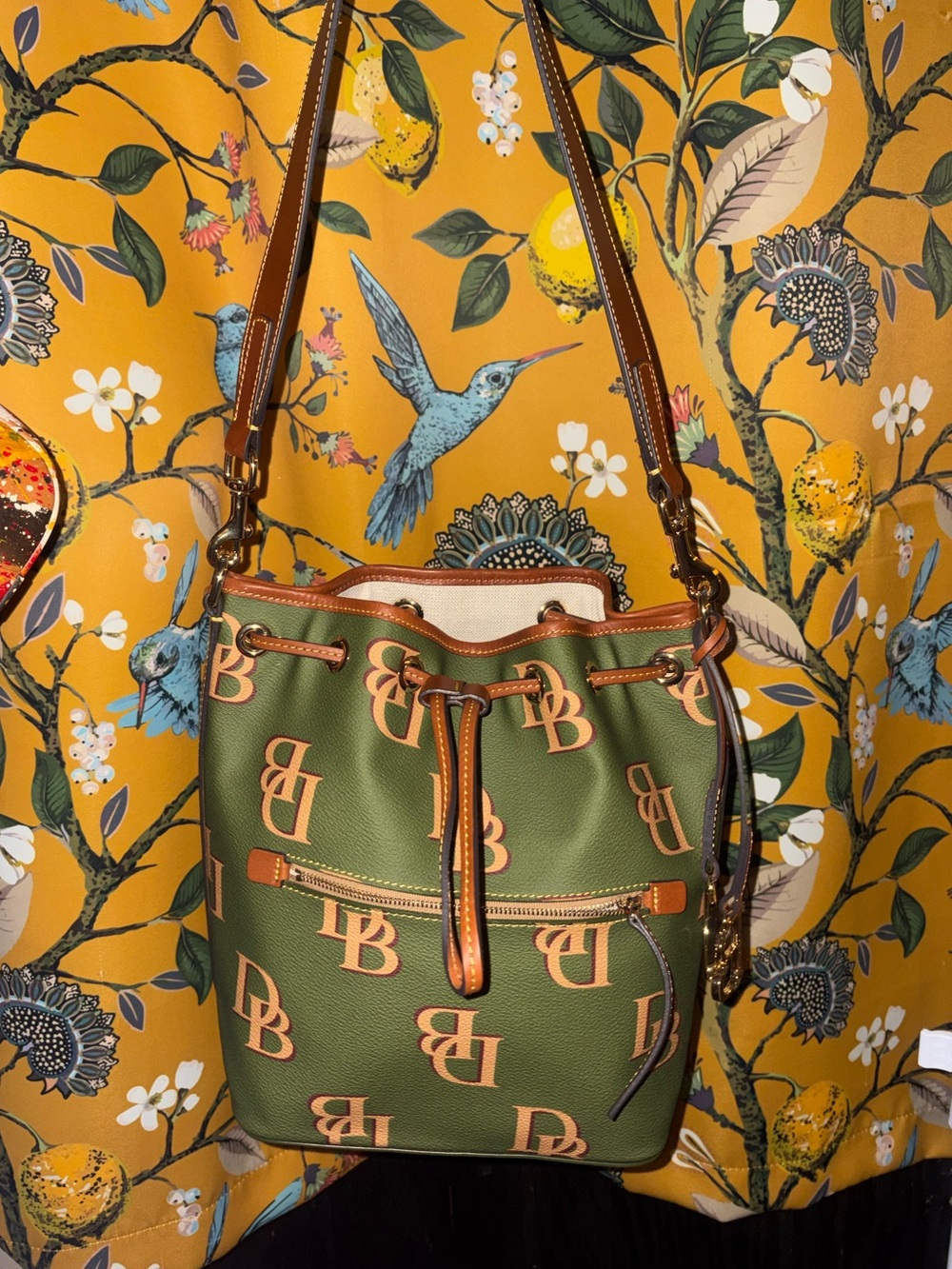 Dooney and Bourke Avocado 🥑 Green Monogram Drawstring Bucket Bag with Tan Trim
